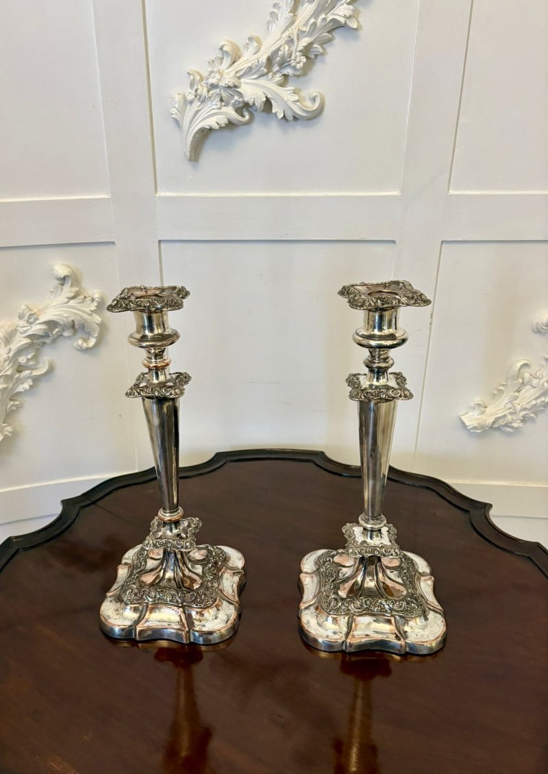 Antique Quality Pair of Tall Silver-Plated Candlesticks